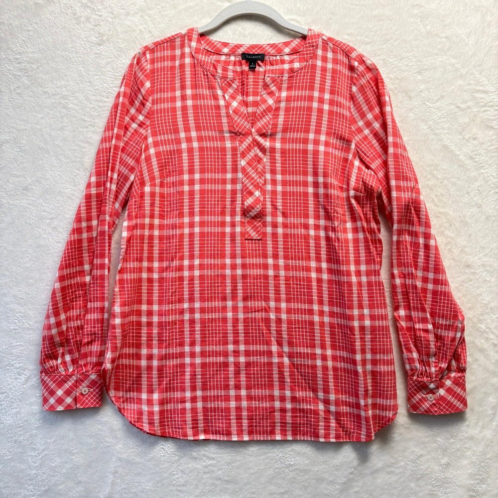Talbots Tunic Top Women Sz Small Coral Plaid V-Neck Tunic‎ Shirt Lightweight